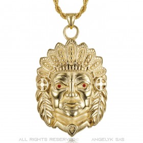 PE0330 BOBIJOO Jewelry Big Indian head necklace Ruby red eyes Steel Gold