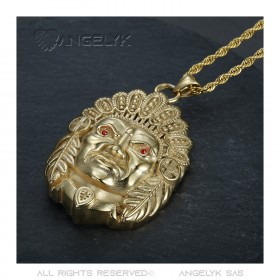 PE0330 BOBIJOO Jewelry Big Indian head necklace Ruby red eyes Steel Gold