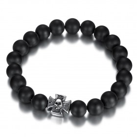 Bracelet boule 10mm Onyx noir Croix de Malte acier bobijoo