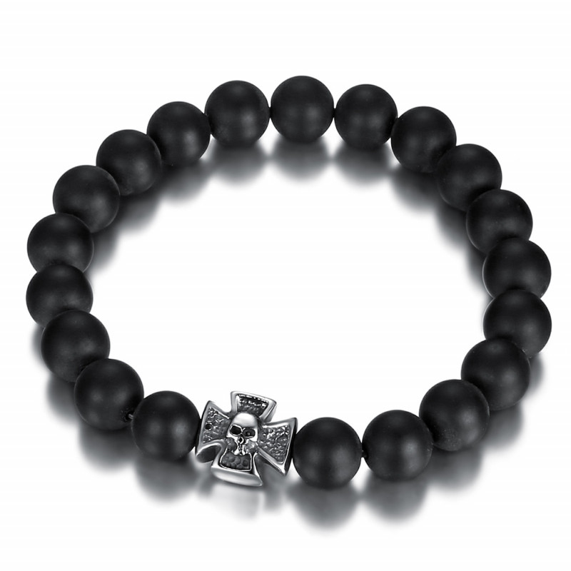 BR0037 BOBIJOO Jewelry Bracelet Stone Onyx Matte Black Cross Pattee Templar Skull BR0037 BOBIJOO Jewelry Bracelet Stone Onyx Matte Black Cross Pattee Templar Skull