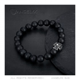 BR0037 BOBIJOO Jewelry Pulsera De Piedra De Ónice Negro Mate De La Cruz Pattee Templarios Cráneo