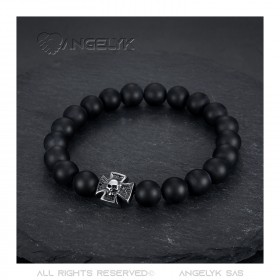 BR0037 BOBIJOO Jewelry Pulsera De Piedra De Ónice Negro Mate De La Cruz Pattee Templarios Cráneo