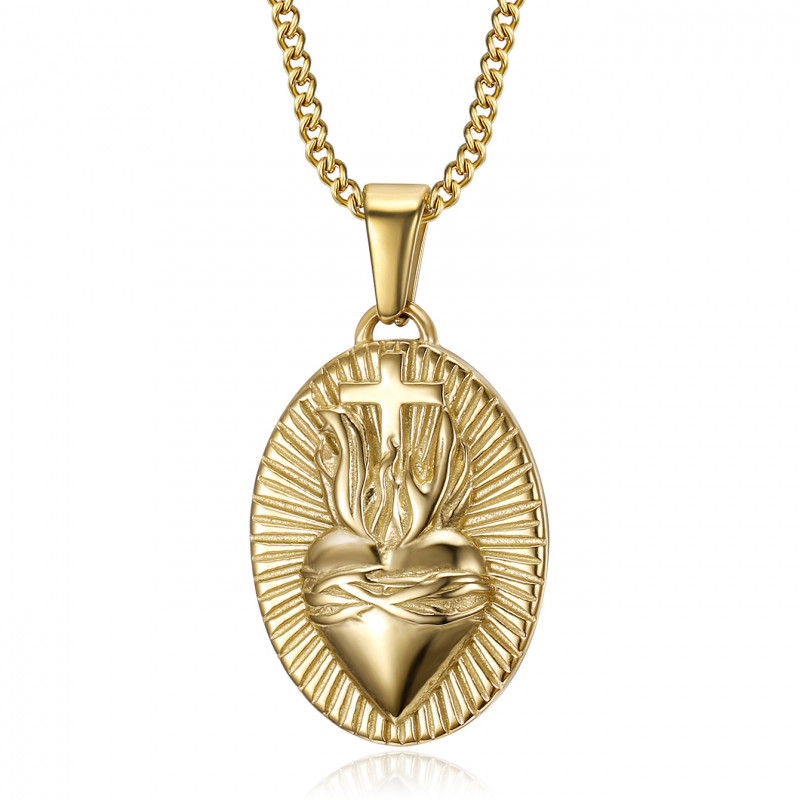 Coeur du christ, pendentif collier acier et or bobijoo