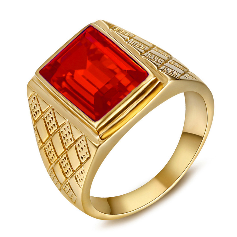 Chevalière Bague Homme Pierre Rouge Rectangle Acier Or   IM#20479