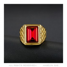 Signet Ring Man Stone Red Rectangle Steel Gold   IM#20481