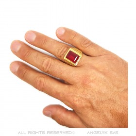 Chevalière Bague Homme Pierre Rouge Rectangle Acier Or   IM#20483