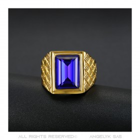 Signet Ring Man Blue Stone Purple Steel Gold   IM#20488