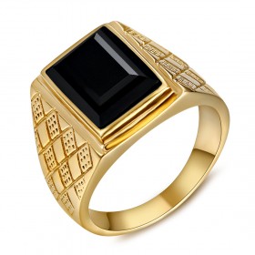 Chevalière Bague Homme Pierre Noire Cabochon Acier Or   IM#20493