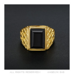 Signet Ring Man With Black Stone Cabochon Steel Gold   IM#20495