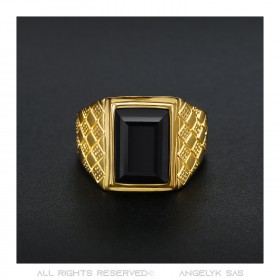 Chevalière Bague Homme Pierre Noire Cabochon Acier Or   IM#20495