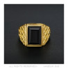 Chevalière Bague Homme Pierre Noire Cabochon Acier Or   IM#20495