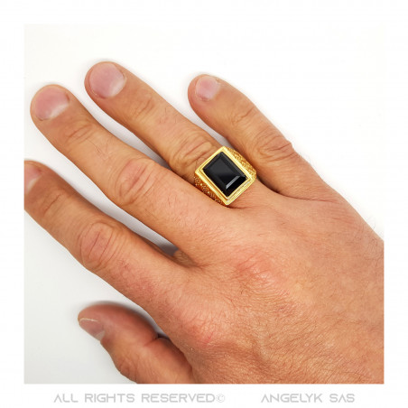 Signet Ring Man With Black Stone Cabochon Steel Gold   IM#20497