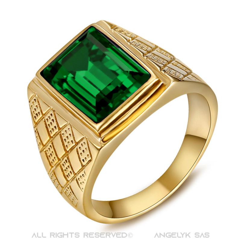 Anillo de piedra verde  Joyas para hombres Acero estilo oro y esmeralda
