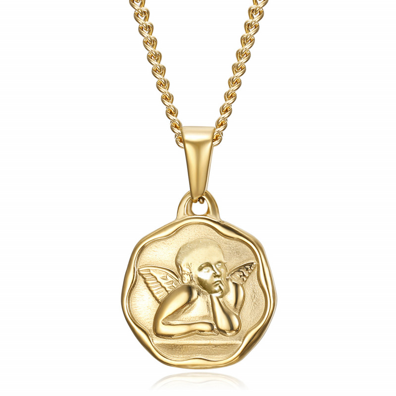 Médaille ange gardien Baptême 18mm Acier Or Chaîne bobijoo