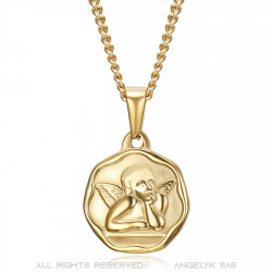 PE0338 BOBIJOO Jewelry Medalla del ángel de la guarda Bautismo de acero de 18 mm con cadena de oro