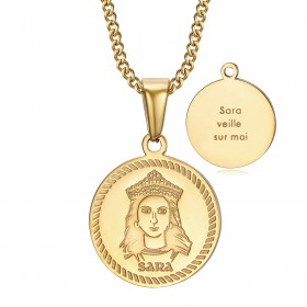 Médaille baptême Sara veille sur moi Gitan Acier Or bobijoo