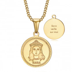 Médaille baptême Sara veille sur moi Gitan Acier Or bobijoo