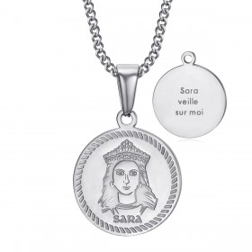 Médaille baptême Sara veille sur moi Gitan Acier Argent bobijoo