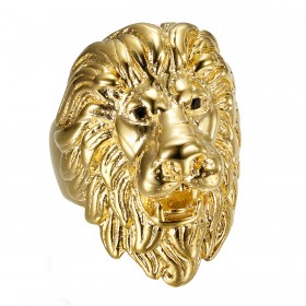 BA0402 BOBIJOO Jewelry Anello testa di leone: occhi in oro e diamanti neri, gioiello enorme