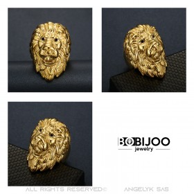 BA0402 BOBIJOO Jewelry Lion head ring: Gold and black diamond eyes, huge jewel