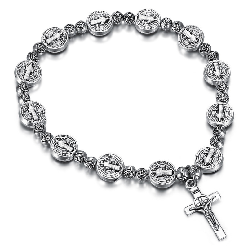 BR0215 BOBIJOO Jewelry Saint Benedict Bracelet Medal Christ Cross Silver plated