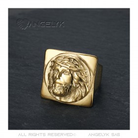 BA0406 BOBIJOO Jewelry Quadratischer Jesus Ring Siegelring Christus Edelstahl Gold