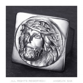 Bague Jésus carrée Chevalière christ Acier inoxydable Argent bobijoo