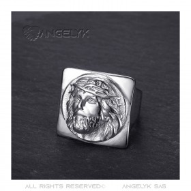 BA0406S BOBIJOO Jewelry Anello Gesù quadrato Anello con sigillo Cristo Acciaio inossidabile Argento