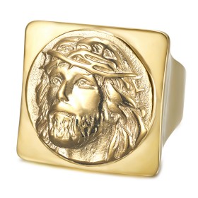 BA0406 BOBIJOO Jewelry Square Jesus ring Signet ring Christ Stainless steel Gold