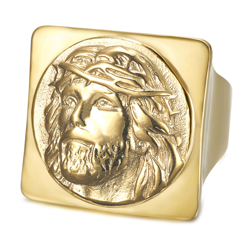 Bague Jésus carrée Chevalière christ Acier inoxydable Or  bobijoo