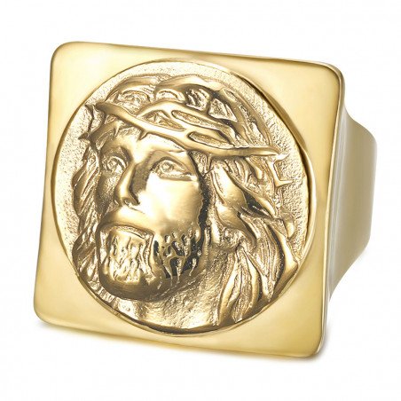 Bague Jésus carrée Chevalière christ Acier inoxydable Or  bobijoo