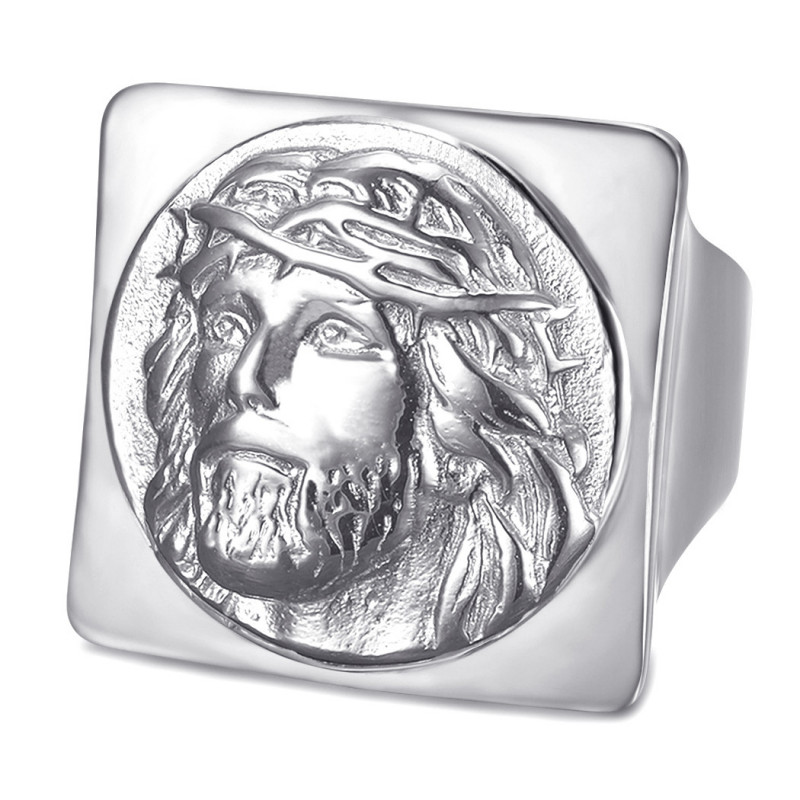 BA0406S BOBIJOO Jewelry Quadratischer Jesus Ring Siegelring Christus Edelstahl Silber