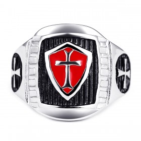 Bague templier Chevalière homme Croix rouge Bouclier Acier bobijoo