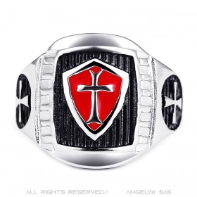 Bague templier Chevalière homme Croix rouge Bouclier Acier bobijoo