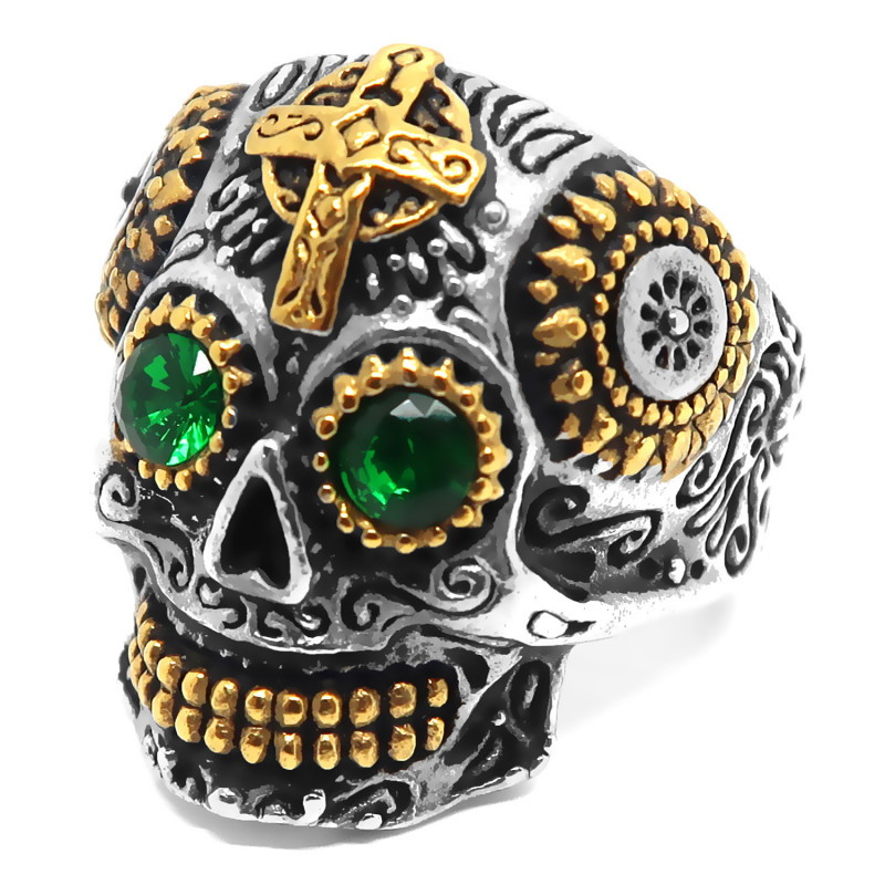 Bague tête de mort mexicaine Acier Or Yeux verts bobijoo