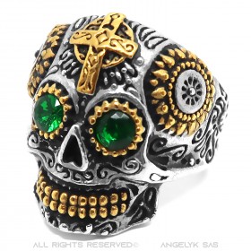 Bague tête de mort mexicaine Acier Or Yeux verts bobijoo