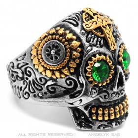 BA0234 BOBIJOO Jewelry Mexican skull ring Steel Gold Green eyes