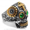 Bague tête de mort mexicaine Acier Or Yeux verts bobijoo