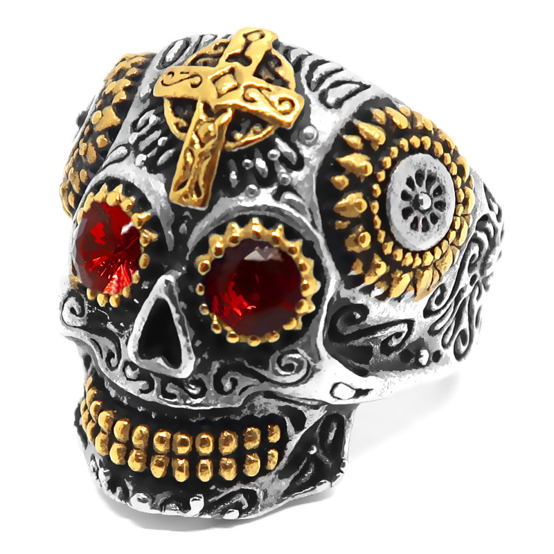 BA0333 BOBIJOO Jewelry Anillo calavera mexicana Acero Oro Ojos rojos