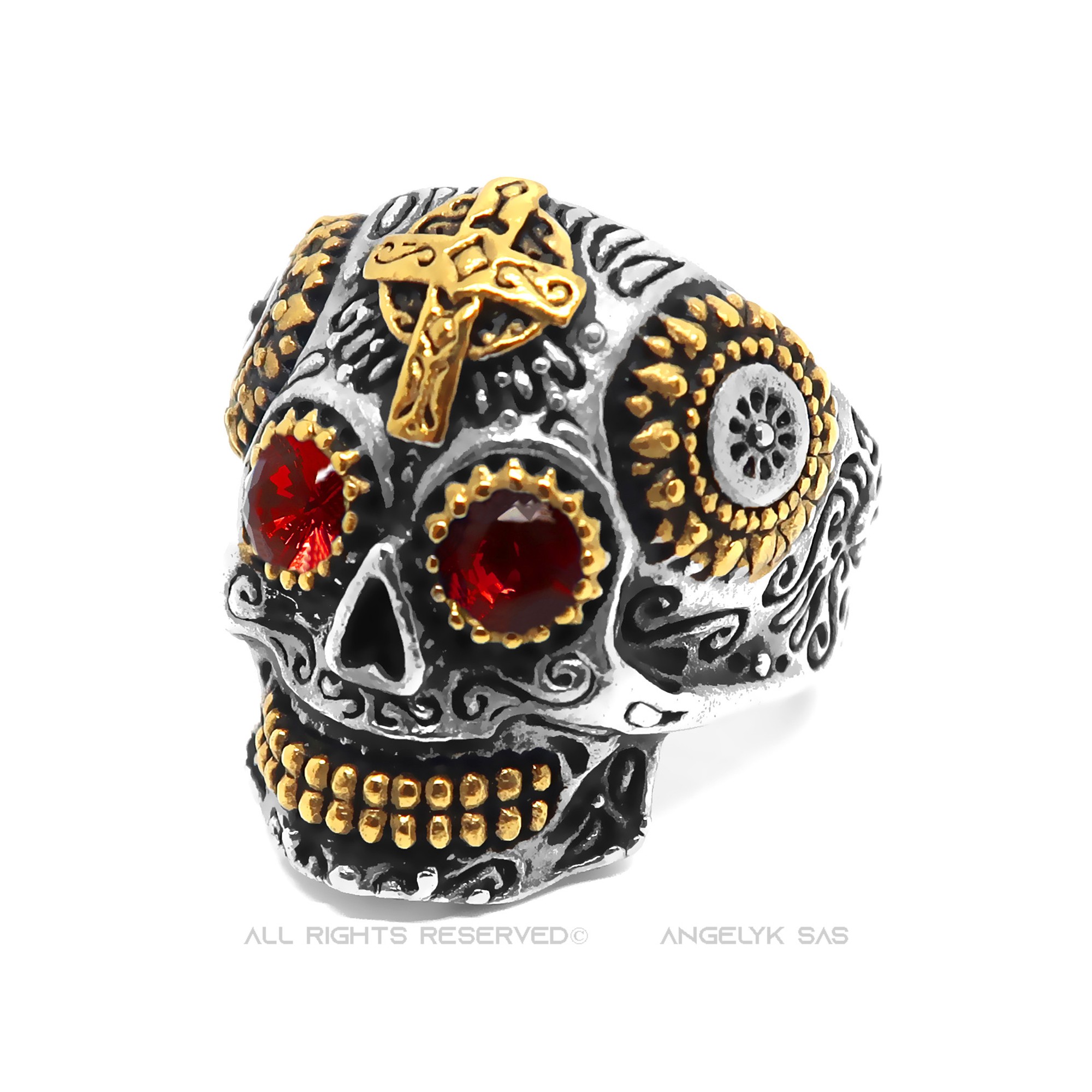 Bague tête de mort mexicaine Acier inoxydable Or Yeux rouges