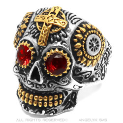 BA0333 BOBIJOO Jewelry Anillo calavera mexicana Acero Oro Ojos rojos