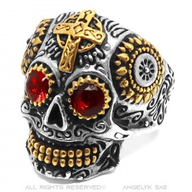 Bague tête de mort mexicaine Acier Or Yeux rouges bobijoo