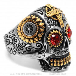 BA0333 BOBIJOO Jewelry Mexican skull ring Steel Gold Red eyes