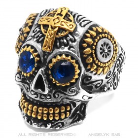 Bague tête de mort mexicaine Acier Or Yeux bleus bobijoo