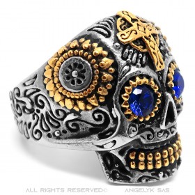 BA0334 BOBIJOO JEWELRY Anello Teschio Messicano Acciaio Oro Occhi Blu