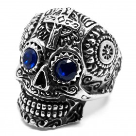 Bague tête de mort mexicaine Acier Argent Yeux bleus bobijoo