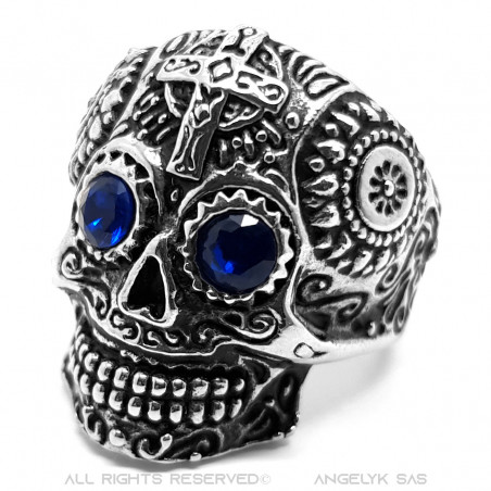 BA0330 BOBIJOO Jewelry Anillo Calavera Mexicana Acero Plata Ojos Azules