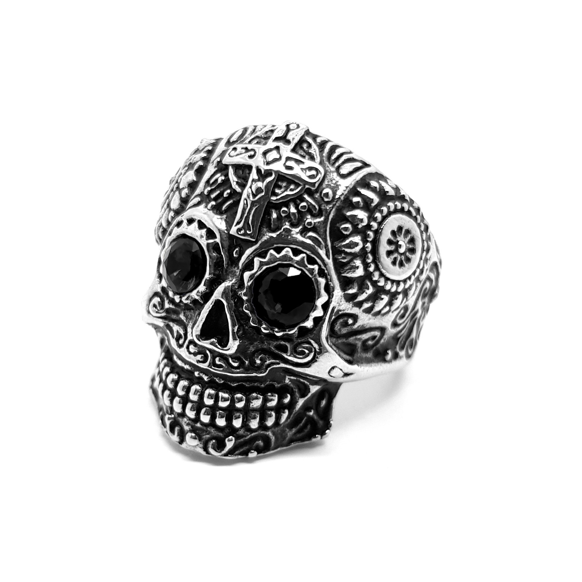 Bague tête de mort mexicaine Acier inoxydable Argent Yeux noirs