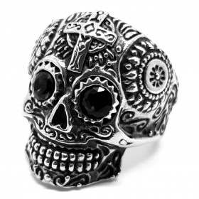 Bague tête de mort mexicaine Acier Argent Yeux noirs bobijoo