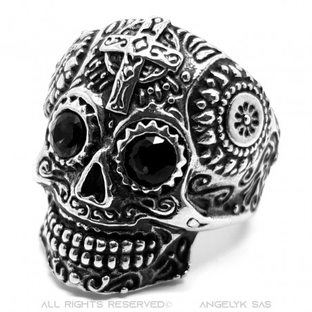 BA0331 BOBIJOO Jewelry Mexikanischer Totenkopfring Stahl Silber Schwarze Augen